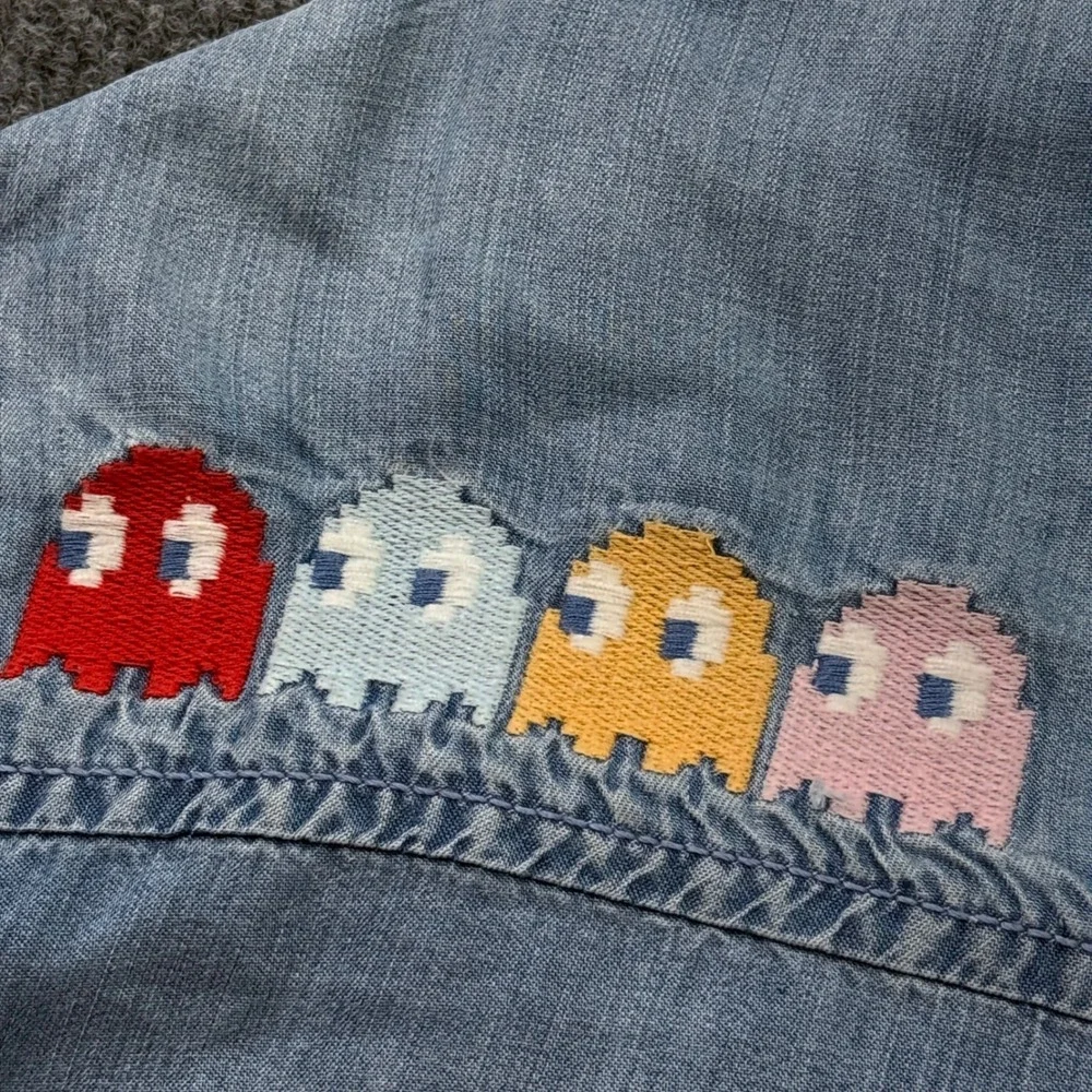 Justice Pac-Man Denim Shirt Girls Large 12/14 Embroidered Raw Hem Gamer Chambray